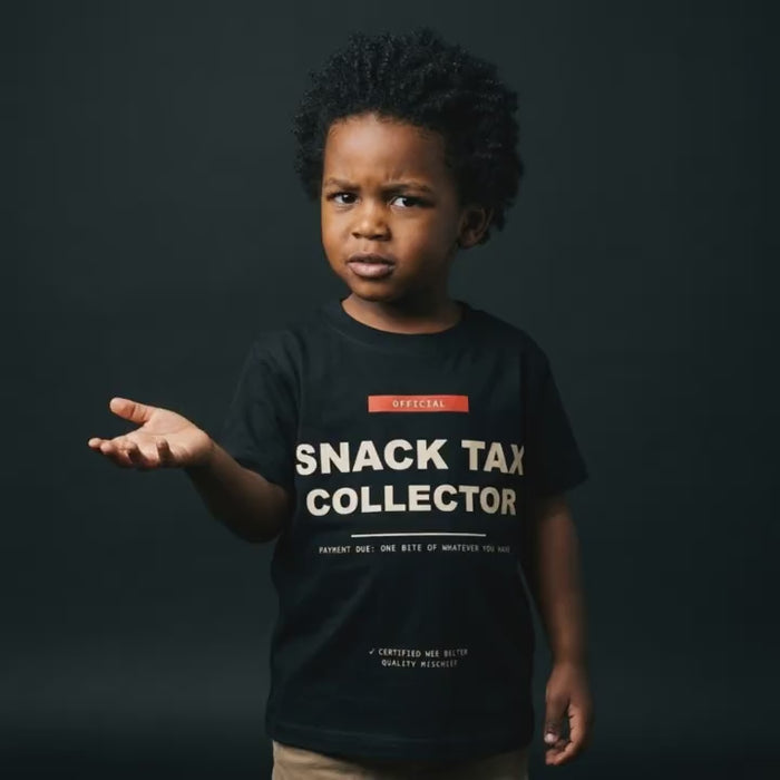 Product video of the Snack Tax Collector kids’ T-shirt.