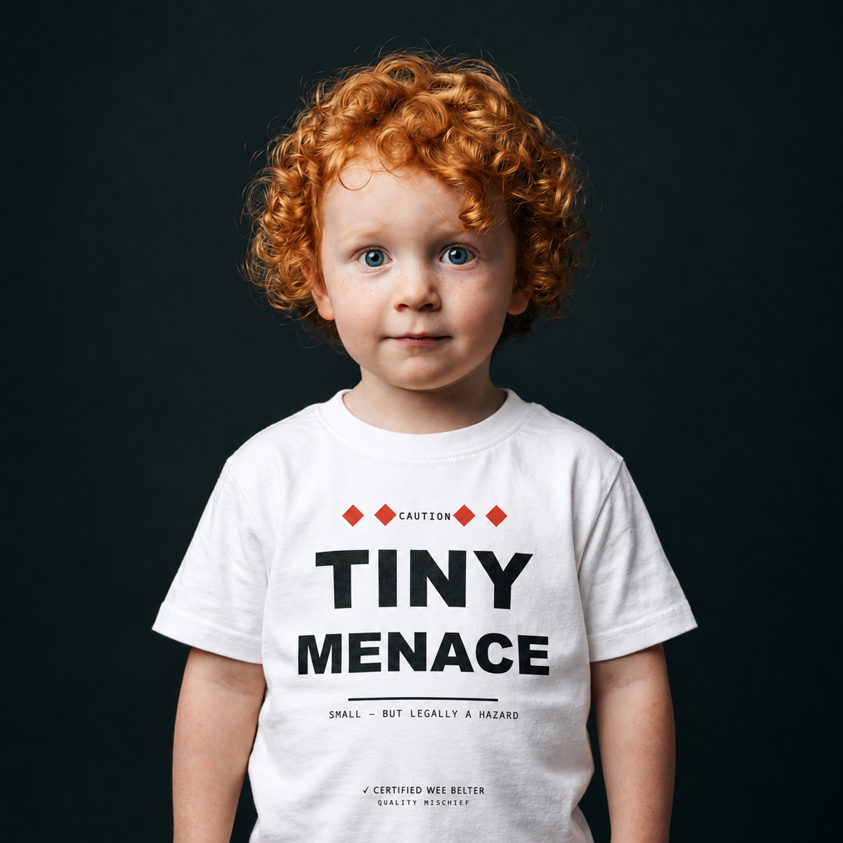 White kids’ T-shirt with “Tiny Menace” printed on the front.