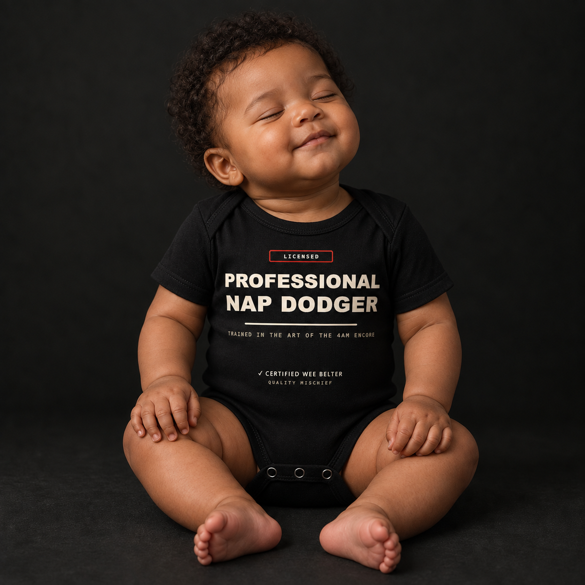 Professional Nap Dodger black organic baby bodysuit
