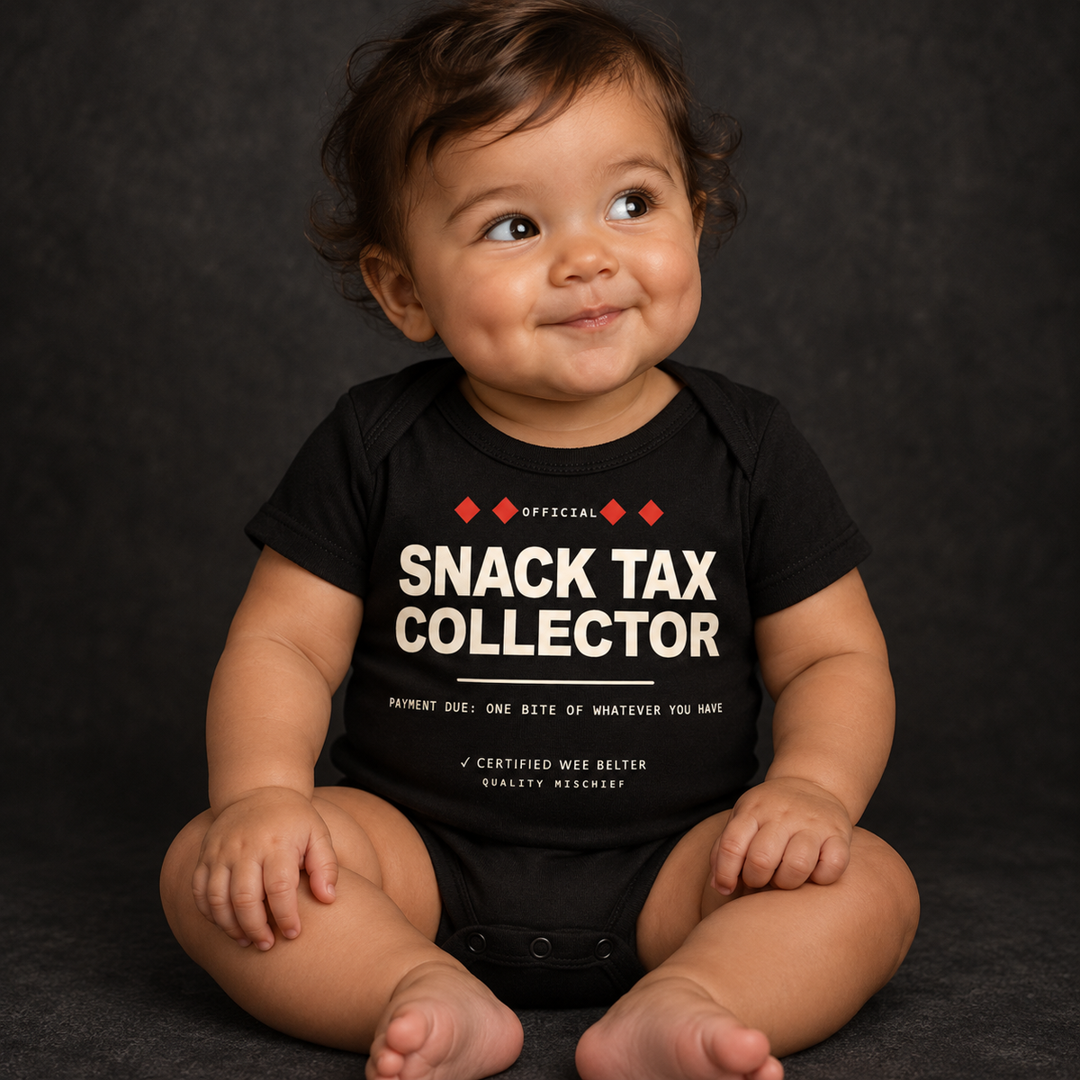 Snack Tax Collector black organic baby bodysuit