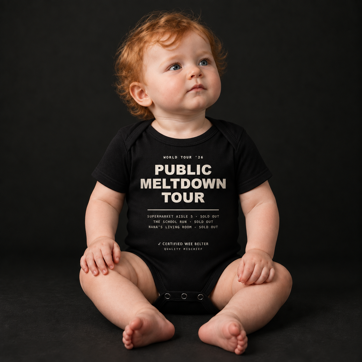 Public Meltdown Tour black organic baby bodysuit