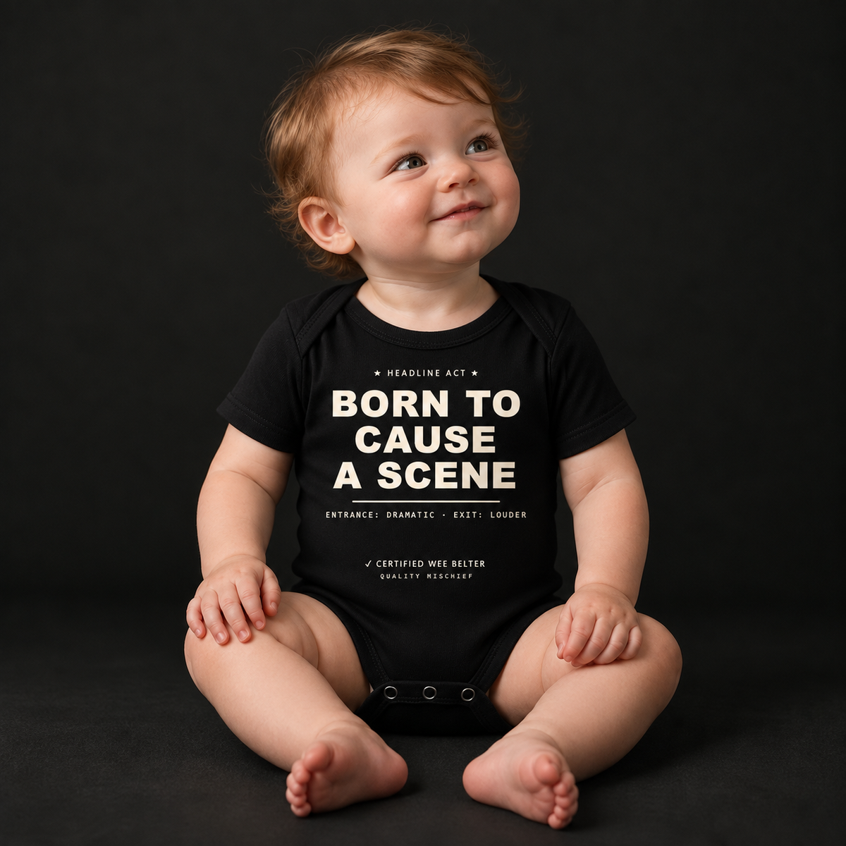 Born To Cause A Scene black organic baby bodysuit